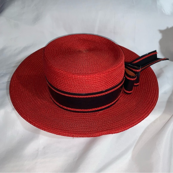 VINTAGE red straw/silk Delia hat SAINT LAURENT PARIS patent leather & silk trim - Picture 3 of 14